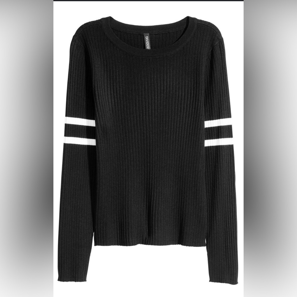 Black Ribbed Sweater with White Stripes